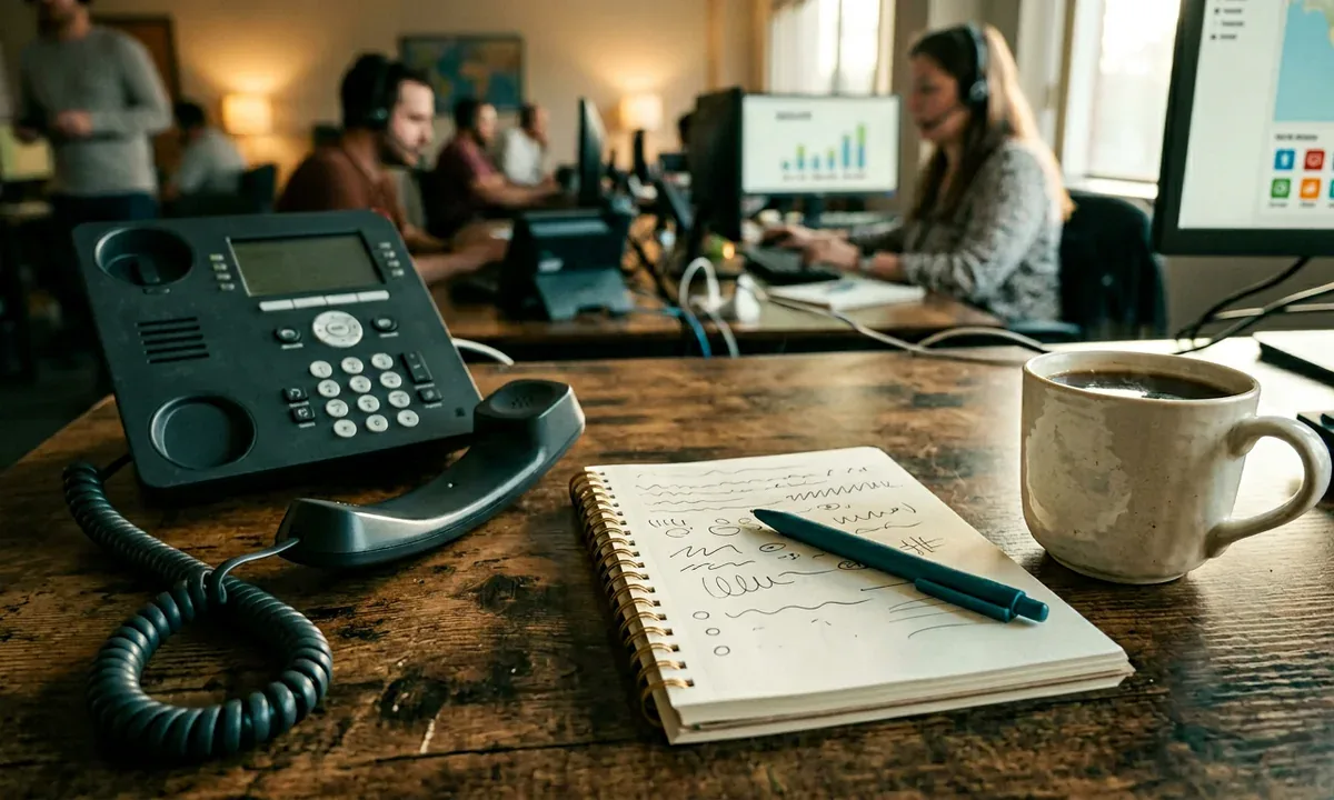 Słuchawka telefonu i notatnik ze słowami kluczowymi assistance na biurku, 1200×720 px