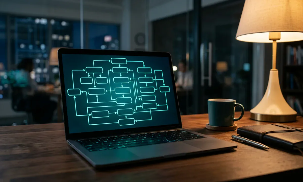 Schemat blokowy zależności między flotą a warsztatem na ekranie laptopa, 1200×720 px